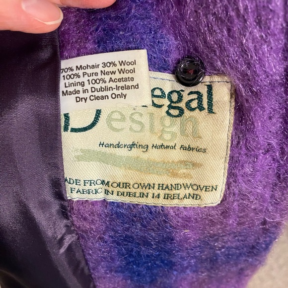 Vintage Donegal Ireland Handwoven Pure New Wool Mohair Plaid Scarf Coat Purple L - Picture 6 of 10